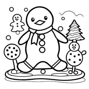 Gemütlicher Lebkuchenmann mit festlichem Baum Ausmalvorlage für kleine Weihnachtszauberer