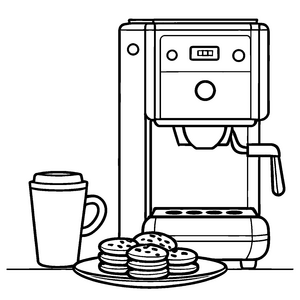 Kreative Kaffeemaschine mit köstlichem Keksstapel Ausmalbild für kleine Naschkatzen