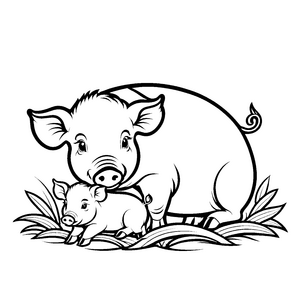 Herzerwärmendes Hängebauchschwein mit Ferkel im Heu Ausmalbild für kleine Herzensbrecher