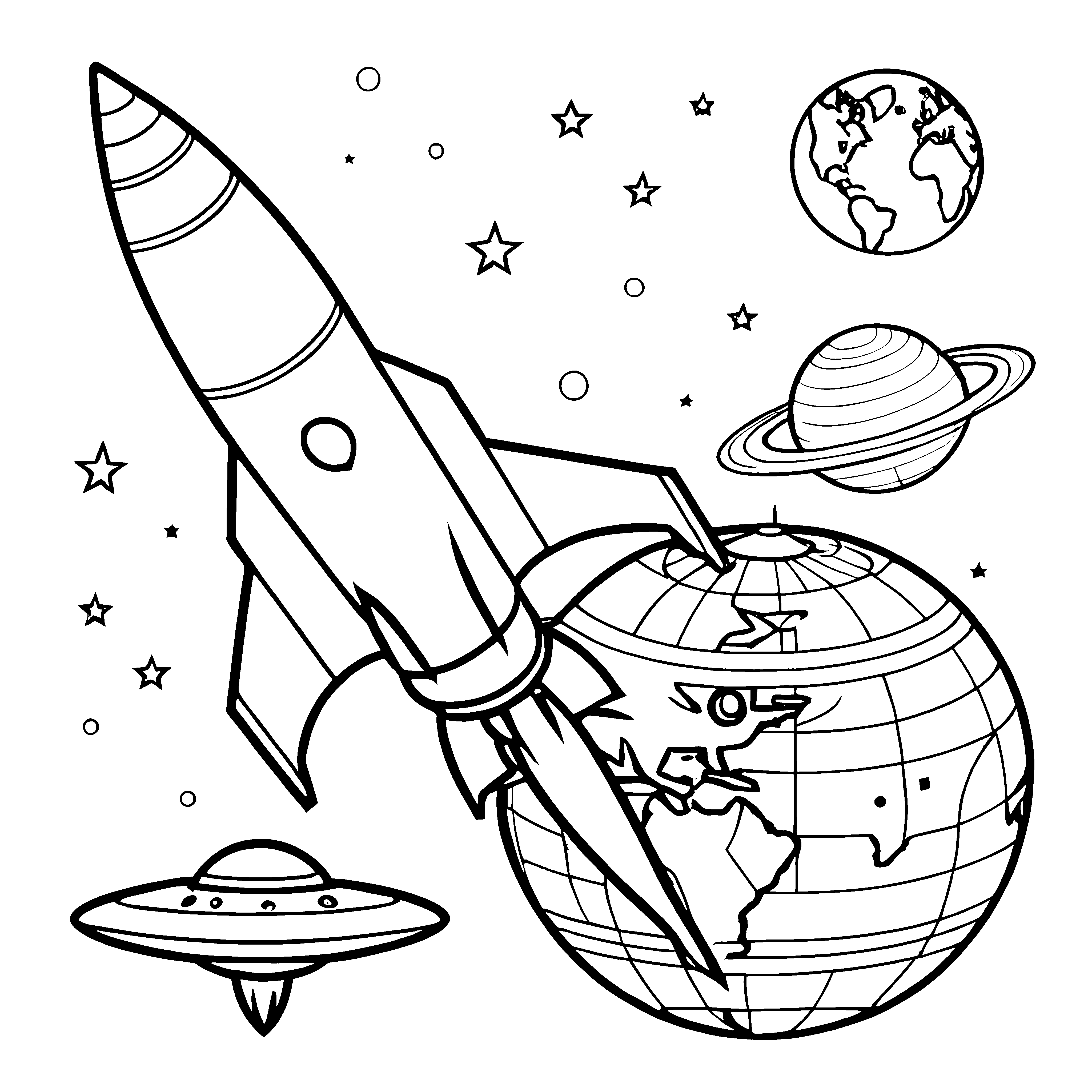 Rakete katapultiert mutiges Raumschiff ins All Ausmalvorlage für kleine Sternenentdecker