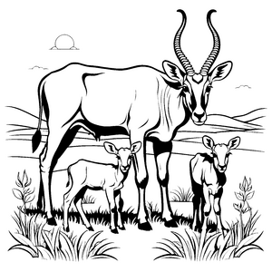 Bezaubernde Mutter-Antilope mit zwei niedlichen Jungen Ausmalbild für junge Tierfreunde