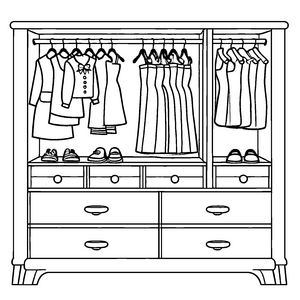 Bunter Kleiderschrank mit frechen Kinderoutfits und Schuhen Ausmalbild für kleine Mode-Abenteurer