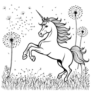 Strahlendes Einhorn neben schimmernden Löwenzahnblüten Ausmalvorlage für träumerische Abenteuerkünstler