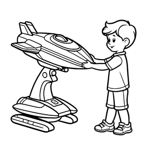 Fantasievolles Raumschiff mit neugierigem Jungen Ausmalbild für kleine Weltraumträumer