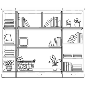 Imposante Schrankwand mit bunten Büchern und Pflanzen Ausmalbild für junge Raumgestalter