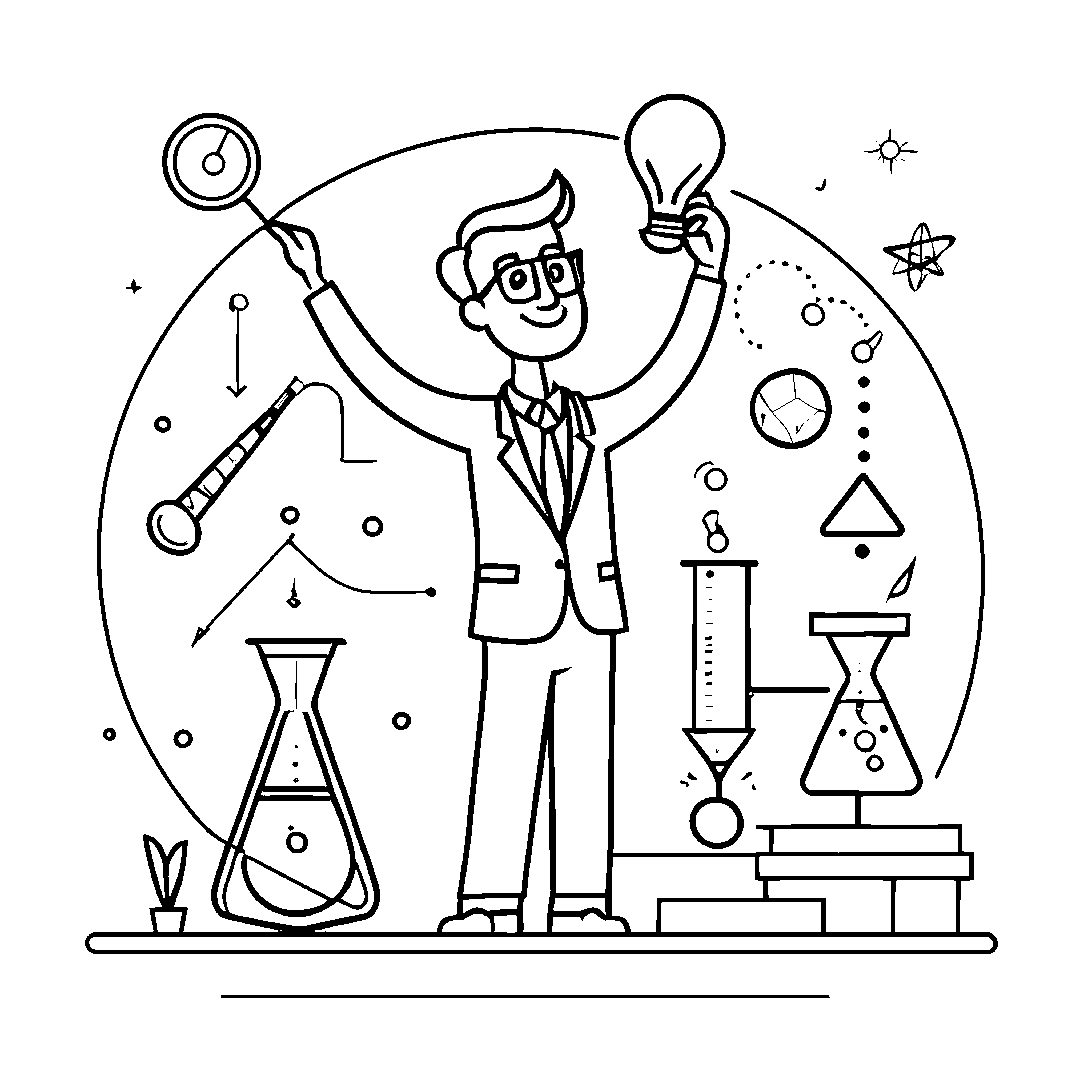 Inspirierender Physiker mit Glühbirne und Kites Ausmalbild für neugierige Forscherherzen