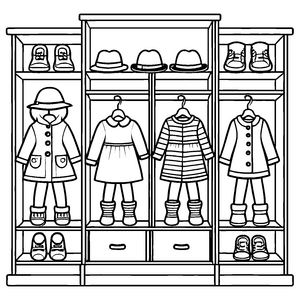 Schicker Kleiderschrank mit bunten Hüten und Schuhen Malvorlage für kleine Stil-Entdecker