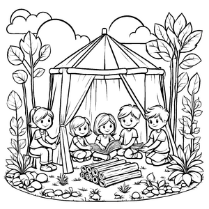 Vier neugierige Kinder am Lagerfeuer im Tipi Ausmalmotiv für kleine Geschichtenerzähler