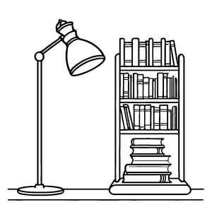 Gemütlicher Bücherschrank mit leuchtender Lampe Ausmalbild für wissbegierige Bücherwürmer