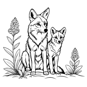 Charmante Kojoten-Welpen mit bunten Pflanzen Ausmalbild für kleine Naturzauberer