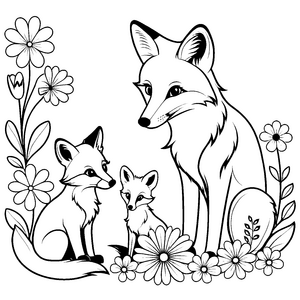 Niedliche Fuchs-Mama mit zwei bezaubernden Welpen im Blumengarten Ausmalbild für fantasievolle Entdecker