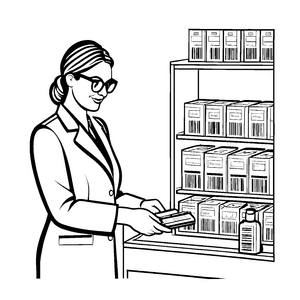 Wissbegierige Frau mit Buch in der Apotheke Malvorlage für kreative Köpfe