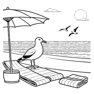 Schlauer Pinguin unter dem Sonnenschirm Ausmalbild für fröhliche Strandentdecker