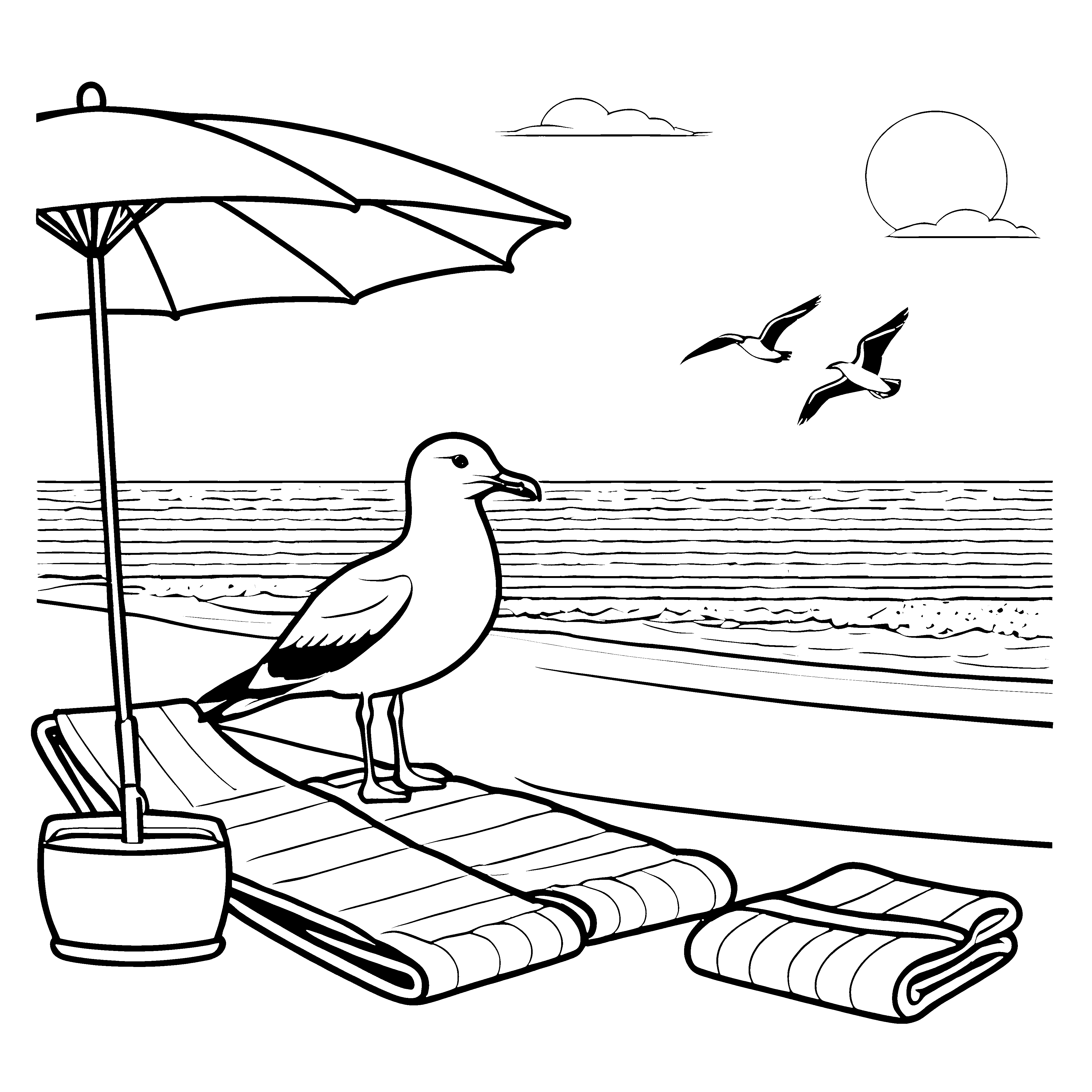 Schlauer Pinguin unter dem Sonnenschirm Ausmalbild für fröhliche Strandentdecker