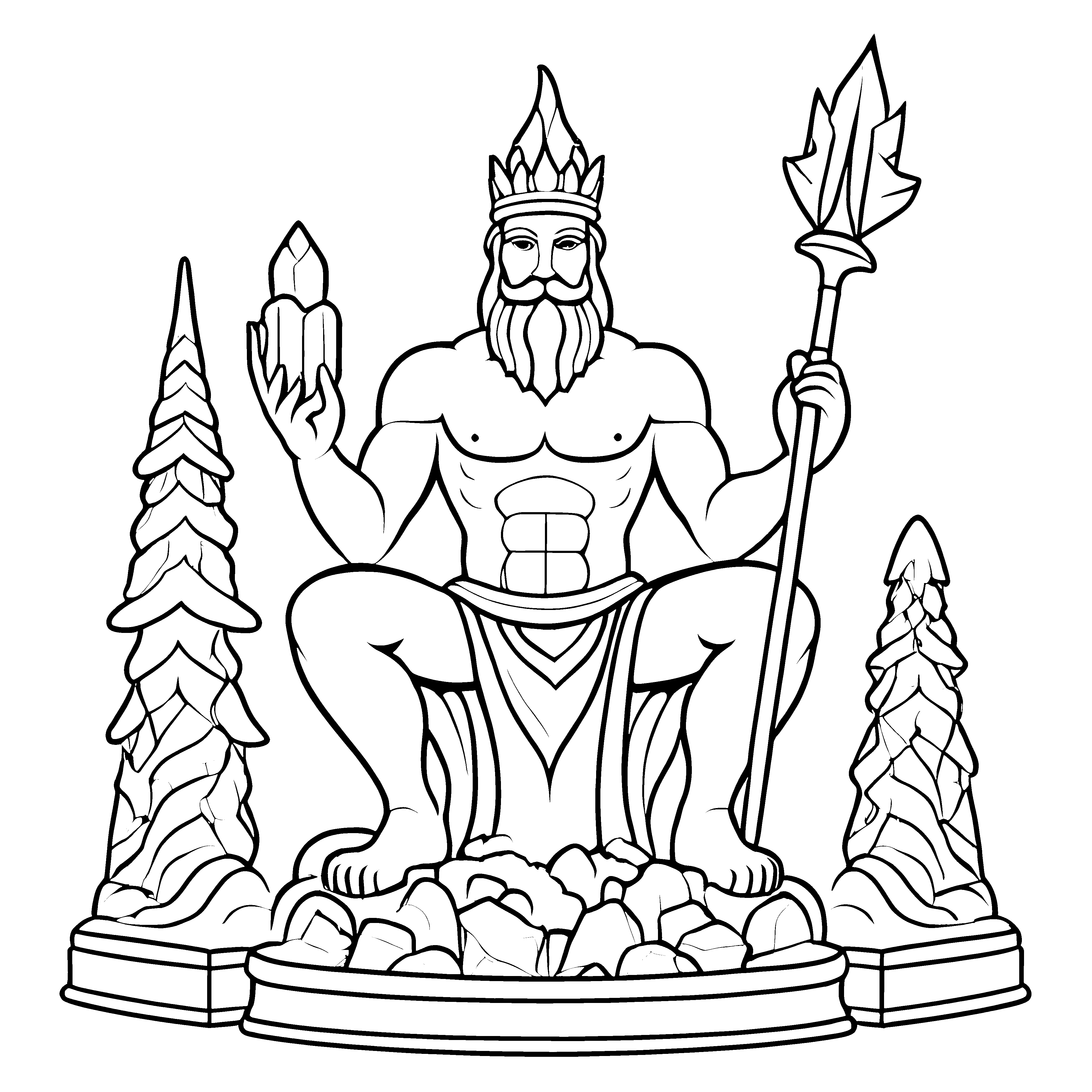 Imposanter Gott auf Felsen mit Zepter Ausmalbild für wagemutige Mythologie-Fans