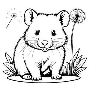 Verspielter Baby-Wombat mit toller Dandelion-Begleitung Ausmalmotiv für neugierige Entdecker