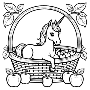 Strahlendes Einhorn in einem Korb voller Äpfel Ausmalbild für fruchtige Kunstschaffende