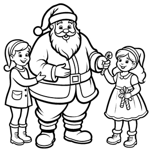 Fröhlicher Weihnachtsmann überreicht kleinen Geschenken Ausmalbild für strahlende Weihnachtsfreunde