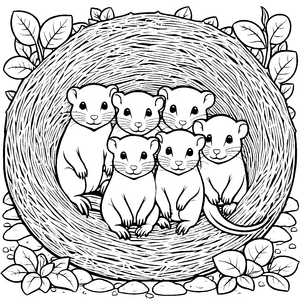 Lebendige Gruppe niedlicher Nacktmull Babys im bunten Nest Ausmalvorlage für kleine Naturentdecker