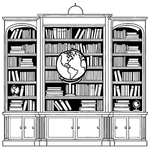 Bezaubernder Bücherregal mit Globen und vielen Geschichten Ausmalbild für entdeckerfreudige Leseratten