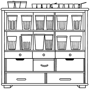 Eleganter Getränkeschrank mit bunten Tassen und Tellern Malvorlage für fantasievolle Küchenmeister