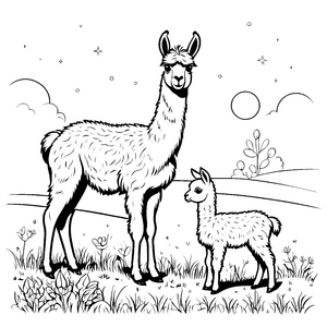Sternenklare Nacht mit Mama Lama und ihrem Baby Ausmalbild für träumerische Künstler