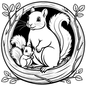 Bezauberndes Eichhörnchen mit Baby und Nüssen Ausmalvorlage für fantasievolle Tierfreunde mit großen Entdeckungsdrang