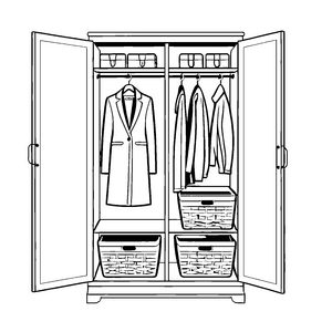 Bezaubernder Garderobenschrank mit eleganten Jacken Ausmalvorlage für abenteuerlustige Stil-Pioniere