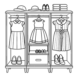 Bezaubernder Kleiderschrank mit fröhlichen Kleidern und Hüten Ausmalvorlage für fantasievolle Modekünstler