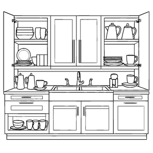 Kreativer Küchenschrank mit bunten Tassen und Tellern Ausmalmotiv für neugierige Küchenforscher