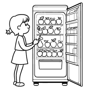 Leckere Äpfel im offenen Kühlschrank Ausmalvorlage für kleine Obstliebhaber