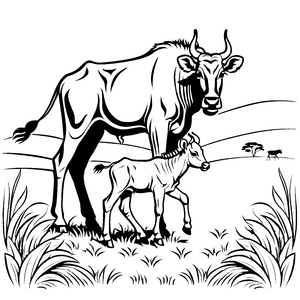 Bezauberndes Gnu-Kalb mit fürsorglicher Mama Ausmalmotiv für neugierige kleine Künstler