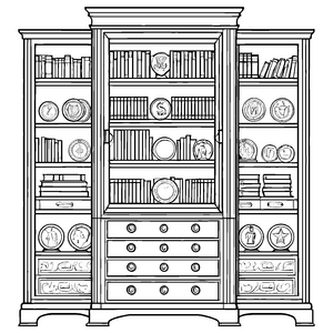 Eleganter Sammelschrank mit bezaubernden Tellern Malvorlage für kleine Kunstfreunde