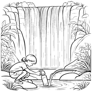 Faszinierender Wasserfall mit sprudelndem Wasser Malvorlage für kleine Naturforscher