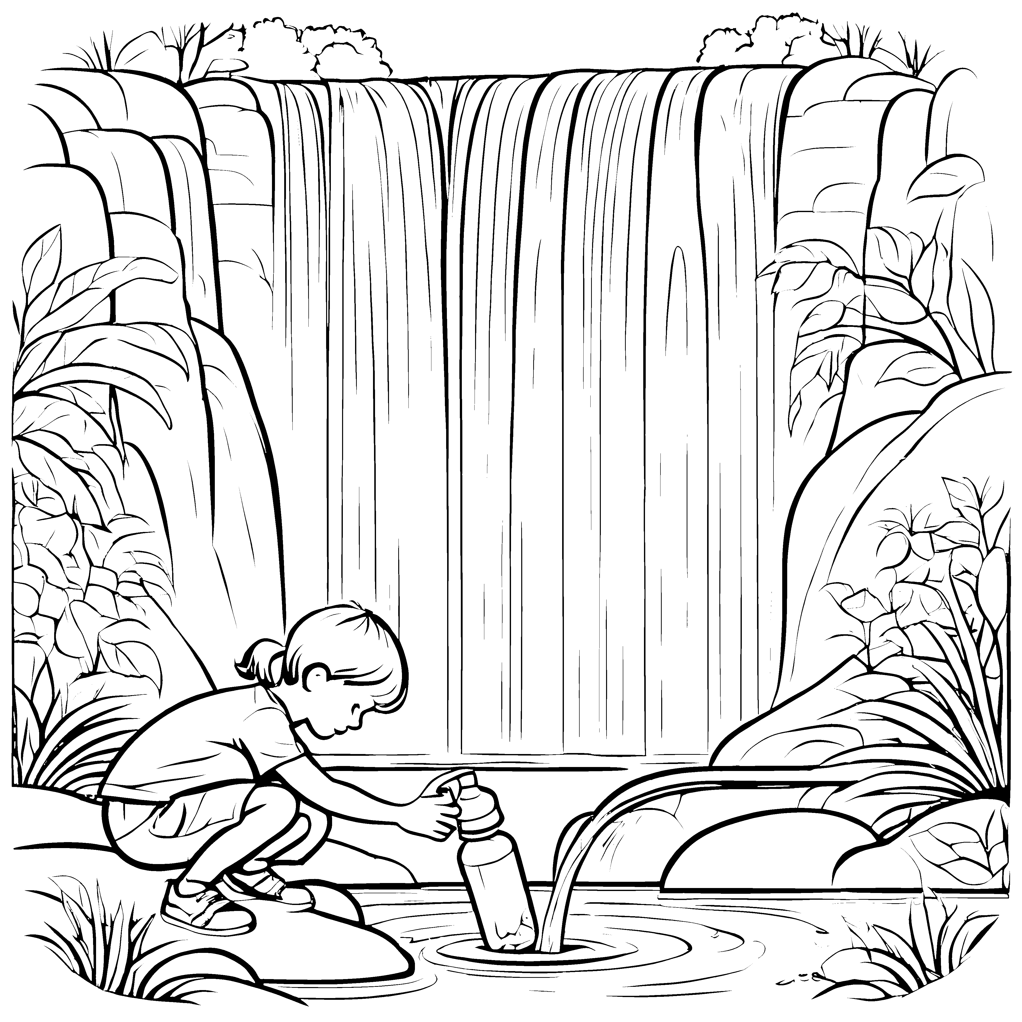 Faszinierender Wasserfall mit sprudelndem Wasser Malvorlage für kleine Naturforscher