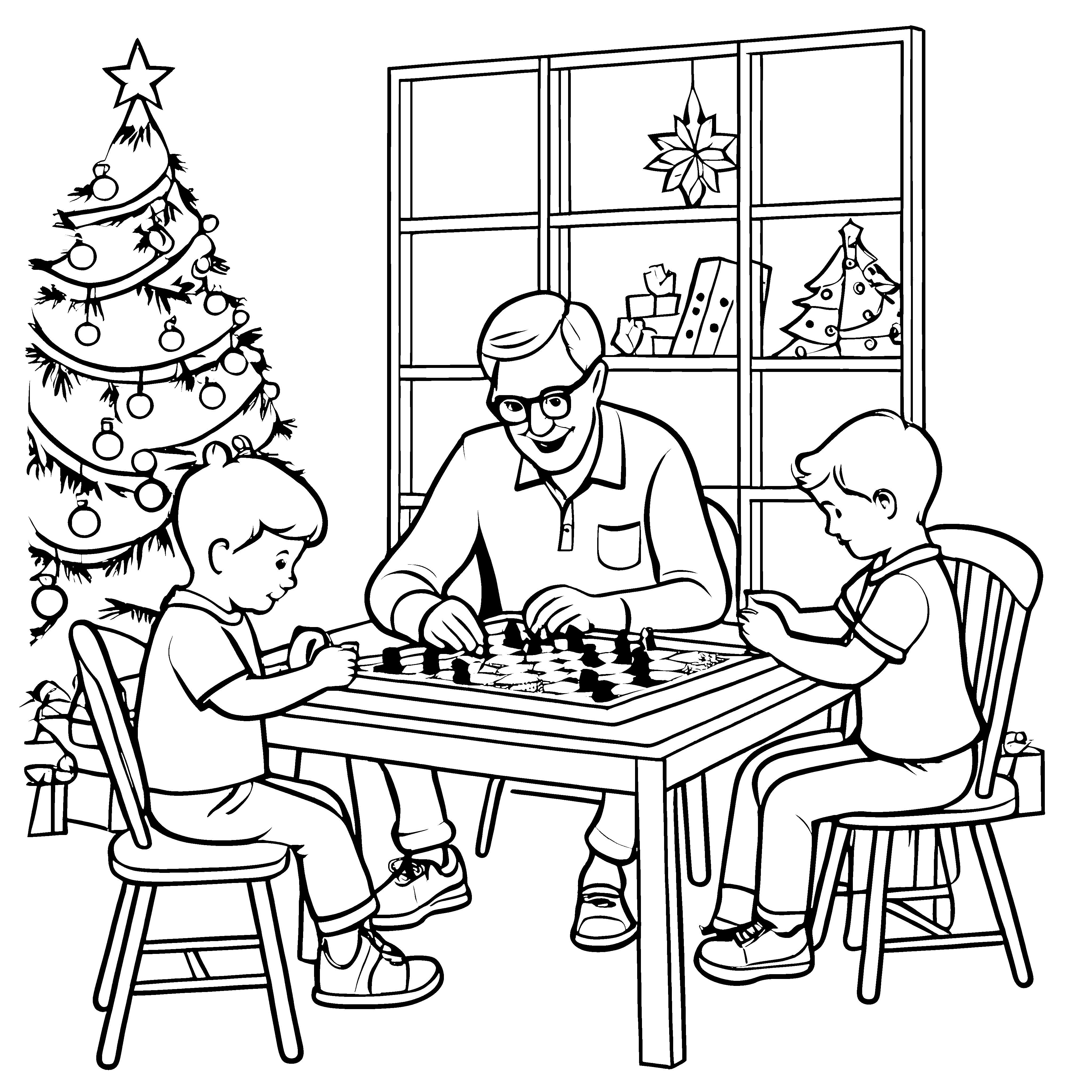 Faszinierendes Brettspiel mit Opa und zwei Enkeln Ausmalmotiv für fröhliche Weihnachtsliebhaber