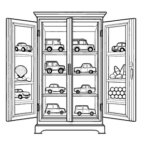 Kunterbunter Sammelschrank mit aufregenden Spielzeugautos Ausmalvorlage für abenteuerlustige Fahrzeugfans