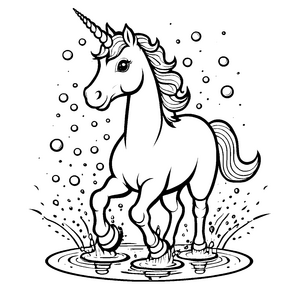 Faszinierendes Einhorn im sprudelnden Teich Ausmalbild für junge Wasserabenteurer
