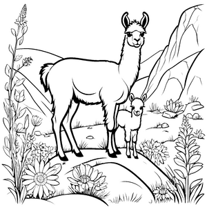 Frohes Lama-Paar auf felsiger Klippe Ausmalbild für kleine Entdeckerfreunde