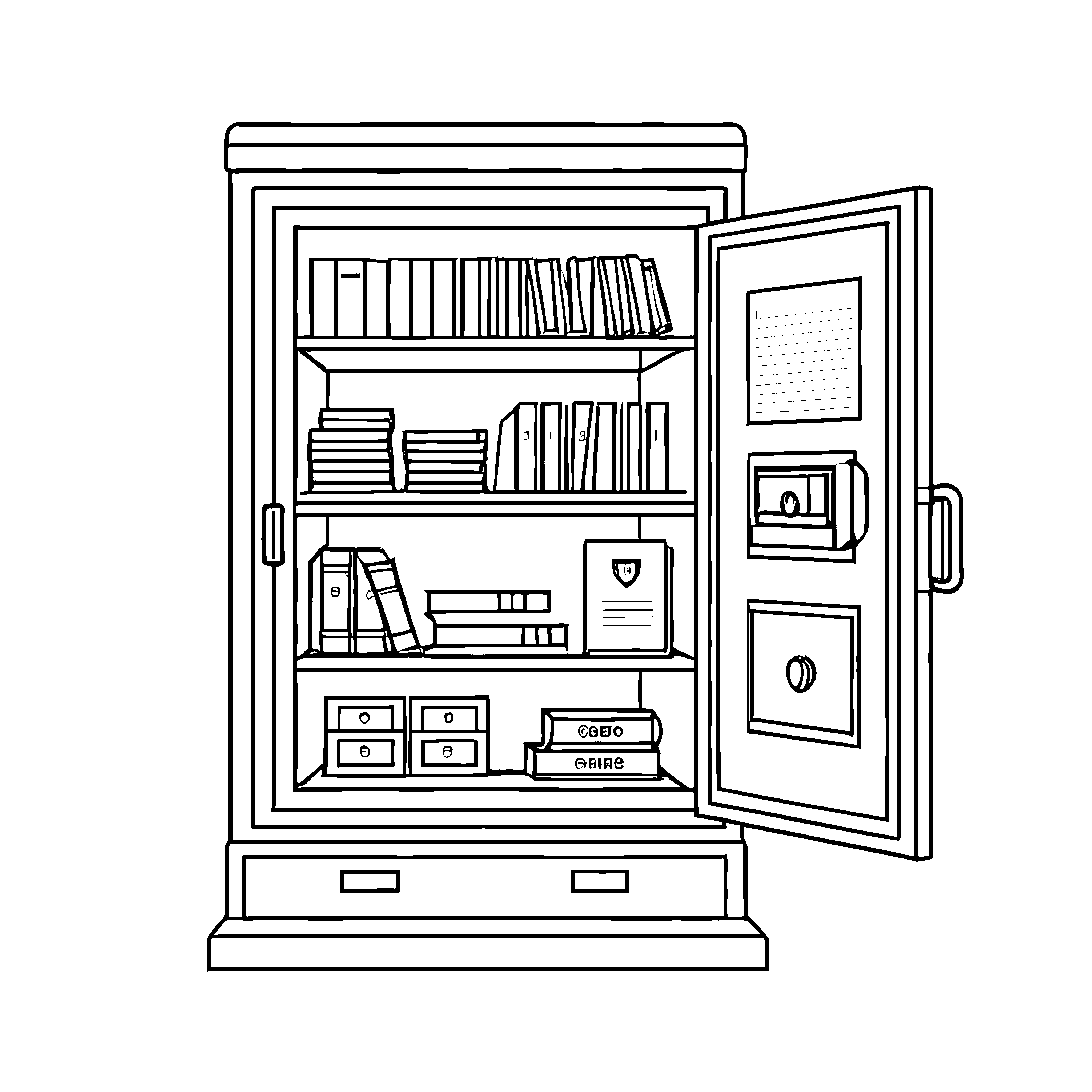 Faszinierender Tresor mit vielfältigen Büchern und Uhr Ausmalbild für kluge Köpfe mit Entdeckergeist
