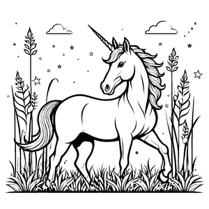 Strahlendes Einhorn unter funkelndem Nachthimmel Ausmalmotivation für abenteuerlustige Farbentdecker und kleine Sternträumer