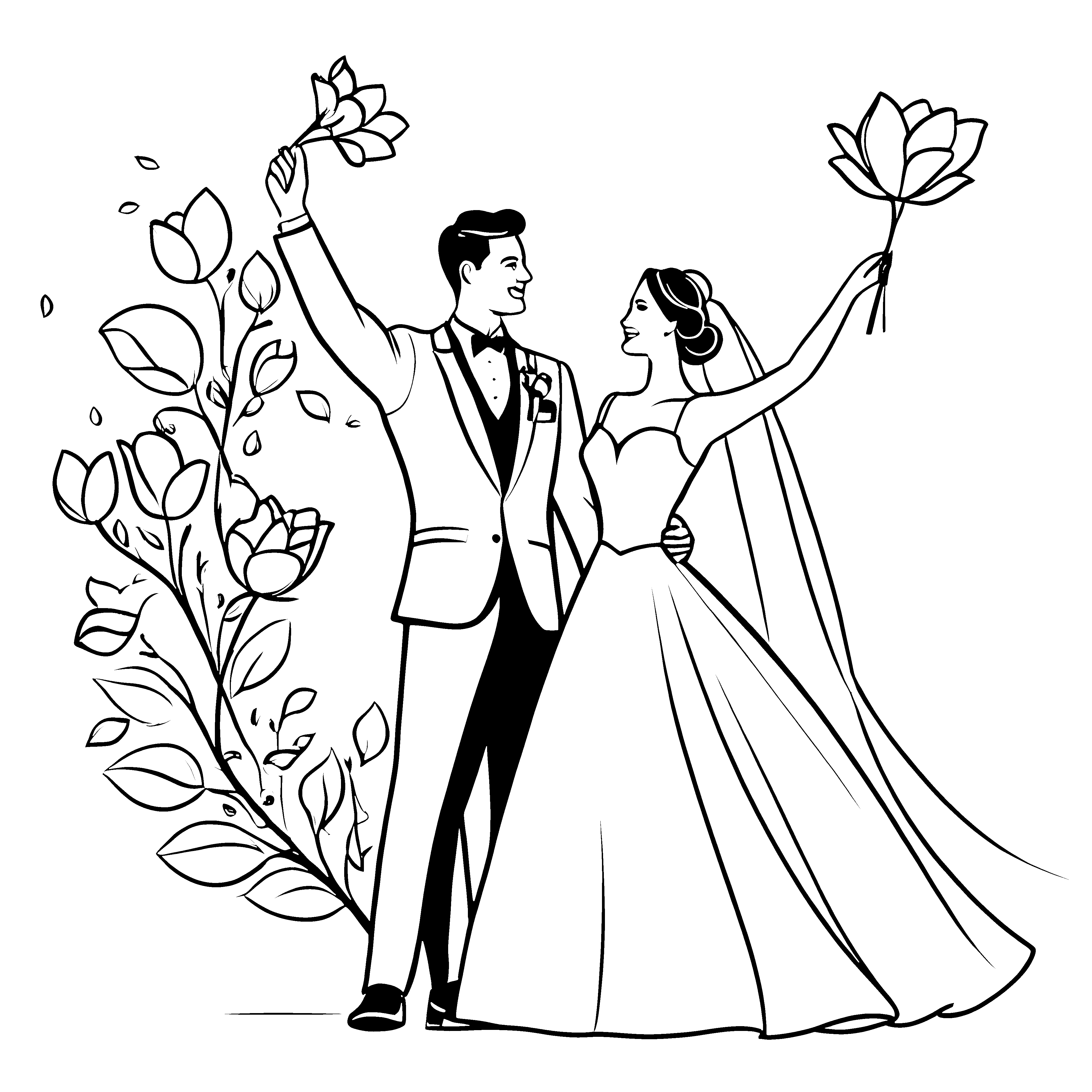 Romantisches Hochzeitspaar mit leuchtenden Blumen Malvorlage für kreative Traumfänger