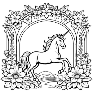 Anmutiges Einhorn zwischen zauberhaften Blumen Malvorlage für fantasievolle Träumer