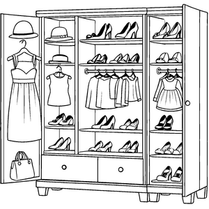 Faszinierender Kleiderschrank mit stilvollen Hüten und Kleidern Malvorlage für stylische Trendsetter