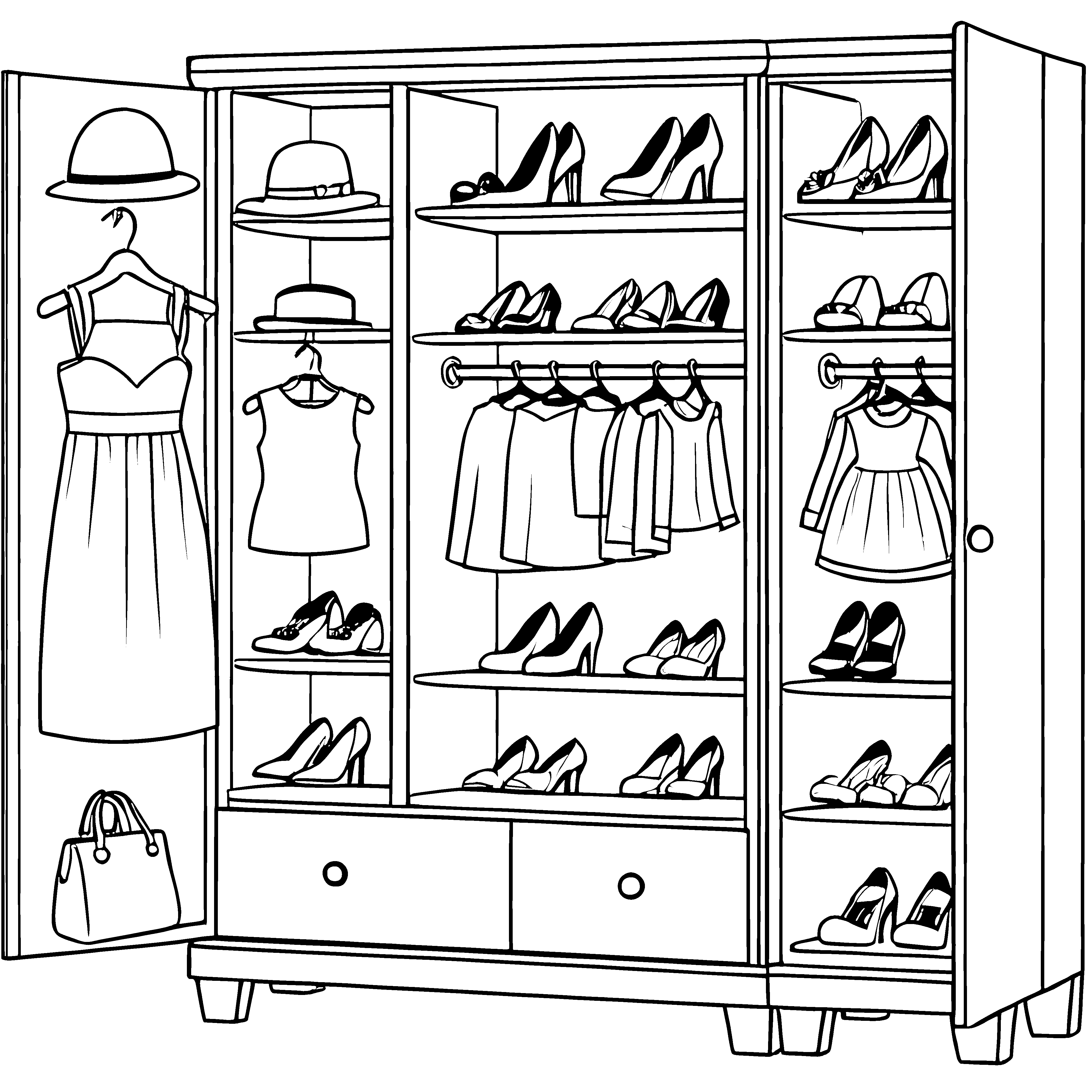 Faszinierender Kleiderschrank mit stilvollen Hüten und Kleidern Malvorlage für stylische Trendsetter