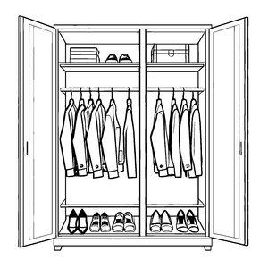 Fantasievoller Garderobenschrank mit vielen Kleidungsstücken Ausmalvorlage für neugierige Mode-Magier