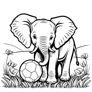 Knuffiges Elefantenbaby mit Fußball im Grünen Malvorlage für kleine Sportskanonen
