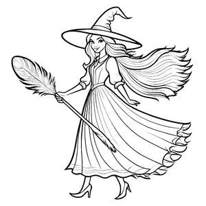 Fantasievolle Hexe mit Besen und Zauberstab Ausmalmotiv für magische Mädchen und angehende Zauberer