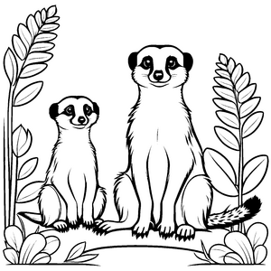 Zwei verspielte Erdmännchen unter bunten Blättern Ausmalbild für abenteuerlustige kleine Entdecker