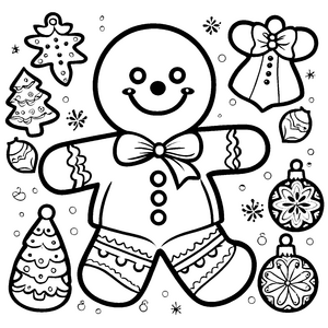 Fröhlicher Lebkuchenmann mit bunten Weihnachtssternen Malvorlage für kleine Farbzauberer